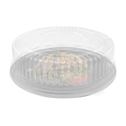 Deep black catering platter with snap-on clear cover showcases charcuterie, sliders, and finger foods in sleek style