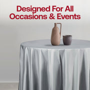 Deluxe silver plastic tablecloths in a round 84-inch size, disposable yet premium look and feel, 96-count case.