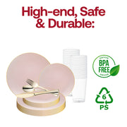 Design a delicate and refined atmosphere with the Pink with Gold Organic Round Disposable Plastic Wedding Value Set, ideal for weddings and occasions that call for a sophisticated touch