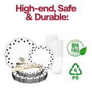 Design a lively and contemporary table with the White with Black Dots Round Blossom Disposable Plastic Wedding Value Set, ideal for modern weddings and fashionable gatherings