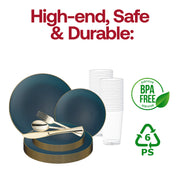 Design a refined and elegant table with the Navy with Gold Rim Organic Round Disposable Plastic Wedding Value Set, perfect for sophisticated weddings and formal affairs