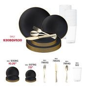 Design a stylish and upscale atmosphere with the Black with Gold Rim Organic Round Disposable Plastic Wedding Value Set, an ideal choice for making a statement at any formal occasion.