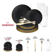 Design a stylish and upscale atmosphere with the Black with Gold Rim Organic Round Disposable Plastic Wedding Value Set, an ideal choice for making a statement at any formal occasion