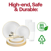 Design an elegant and graceful table with the White with Gold Rim Organic Round Disposable Plastic Wedding Value Set, perfect for high-end weddings and refined celebrations