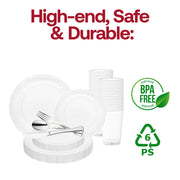 Design an elegant table setting with the Clear Vintage Round Disposable Plastic Wedding Value Set, perfect for weddings, galas, and upscale events