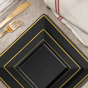 Designed for large celebrations, the Black with Gold Square Edge Rim Plastic Wedding Set offers the perfect size and quantity