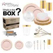 Designed from BPA-free, recyclable plastic, the Pink with Gold Blossom Rim Tableware Set offers eco-conscious luxury and style