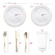Designed from recyclable, BPA-free plastic, the White with Gold Vintage Rim Round Disposable Plastic Wedding Value Set offers a safe, stylish, and environmentally conscious choice for any occasion