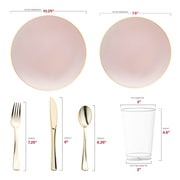 Designed with recyclable, BPA-free plastic, the Pink with Gold Organic Round Disposable Plastic Wedding Value Set provides an eco-friendly and secure choice for your celebration or wedding