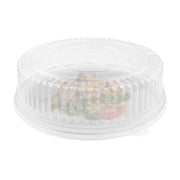 Detailed product dimensions for 12 inch clear high dome plastic lid, showing the exact height and diameter for catering tray compatibility.