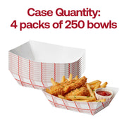 Detailed product dimensions for 4 oz red plaid paper food tray, showing length, width, and height for event catering planning.