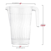 Detailed product size specifications for 52 oz clear round plastic pitchers, showing an approximate 5 inch top diameter and 7.6 inch height.
