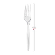 Detailed product size specifications for clear medium heavy weight plastic forks, showing overall length and handle width for table setting planning.
