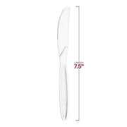 Detailed product size specifications for clear medium heavy weight plastic knives, showing overall length and handle width for table setting planning.
