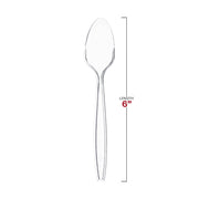 Detailed product size specifications for clear medium heavy weight plastic teaspoons, showing overall length and handle width for table setting planning.
