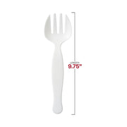 Detailed product size specifications for white plastic serving forks, showing an approximate 9.75 inch length and 2 inch width for buffet planning.
