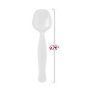 Detailed product size specifications for white plastic serving spoons, showing an approximate 9.75 inch length and 2 inch width for buffet planning.
