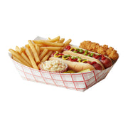 Detailed size specifications for jumbo 5 lb red plaid paper food tray, showing 9.3 inch length and maximum dimensions for event planning.