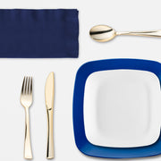 Diapers & Diamonds plates, cups, napkins, gold utensils, and tablecloths included in the full party bundle