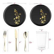 Dinner plate (10.25") and salad plate (7.5") in black with gold floral rim paired with 12oz tumbler