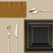 Dinner served in black and gold elegance using the Resolutions Set for New Year festivities.