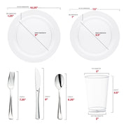 Dinnerware set showing 10.25" clear dinner plate, 7.5" salad plate, 12oz tumbler, and full-size silver utensils with labeled dimensions