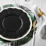Display of SKU 8850-BKVP featuring labeled Black Round Lotus dinner and appetizer plates from the full matching set