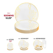 Disposable 10.25-inch round dinner plates with a white base and stylish gold antique floral design