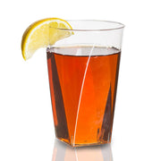 Disposable 10 oz clear plastic cups with a square base, elegant and practical, ideal for catering or home use