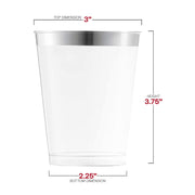 Disposable 10 oz clear plastic tumblers with a metallic silver rim, measuring 3” x 3.75” x 2.25”; pack of 336