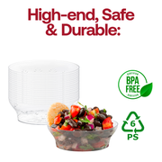 Disposable 10 oz soup bowls with a clear floral design, round shape, made from sturdy plastic, BPA-free