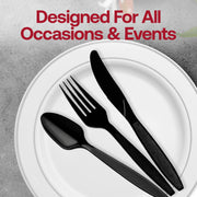 Disposable 6-inch black plastic spoons, durable yet lightweight, perfect for serving hot and cold foods.