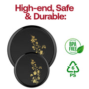 Disposable 6.25" black plate with gold design, shown on chic dessert buffet