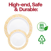 Disposable 7.5-inch plastic appetizer plate with a luxurious pink and gold mosaic pattern, BPA-free