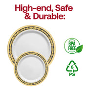 Disposable 7.5-inch salad plates in white with a black and gold royal rim design, BPA-free