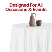 Disposable 84-inch round white plastic tablecloths, durable and water-resistant, ideal for catering and event use, bulk 96-pack.