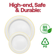 Disposable 9-inch white buffet plates with a gold decorative rim, lightweight plastic, BPA-free
