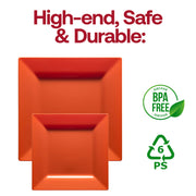 Disposable 9.5-inch dinner plates in a vibrant burnt orange color, square shape, sturdy plastic, BPA-free