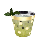 Disposable 9 oz clear plastic cups with gold dot details, stylish and convenient for any occasion