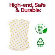 Disposable BPA-free dinner napkins with gold dot design, crafted from soft paper and safe for all dining needs