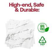 Disposable BPA-free white and silver marble paper napkins, 10x10 inches, eco-conscious and event-ready