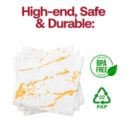 Disposable BPA-free white beverage napkins featuring a modern gold marble pattern, safe and chic for any drink service