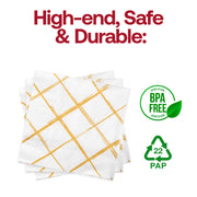 Disposable and BPA-free white beverage napkins with gold diamond design, safe and stylish for all types of gatherings