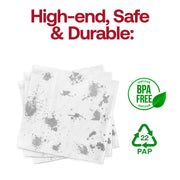 Disposable and BPA-free white cocktail napkin with silver splatter print, 10 x 10 inches, from a 600-count case