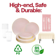 Disposable baby shower party set with organic pink and gold plastic plates, ivory plastic tablecloths, and paper napkins.