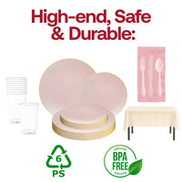 Disposable baby shower party set with organic pink and gold plastic plates, ivory plastic tablecloths, and paper napkins.