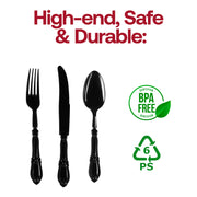 Disposable black Baroque plastic cutlery set, stylish yet practical, designed for easy cleanup at parties, BPA-free and food-safe