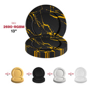 Disposable black charger plates with a striking gold marble finish, 13-inch round design