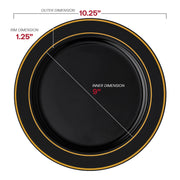 Disposable black dinner plates featuring a gold edge rim, 10.25-inch diameter