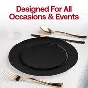 Disposable black paper charger plates with a 13-inch round design, perfect for weddings, banquets, or other celebrations